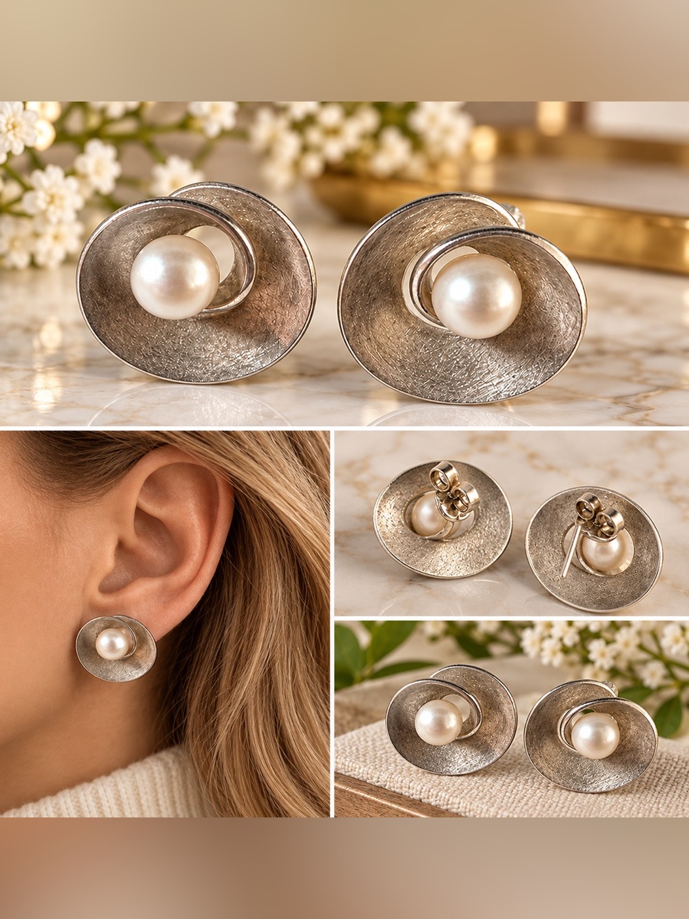 Vintage Silver Tone Pearl Swirl Earrings Modernist Statement Jewelry from Poland